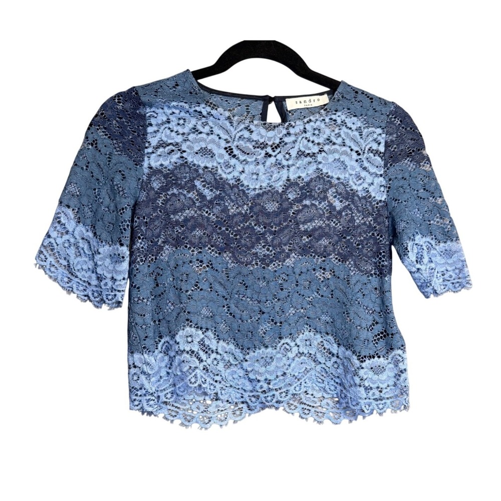Sandro Paris Blue Lace Crochet‎ Top Women S Short Sleeve Ombre Romantic Chic